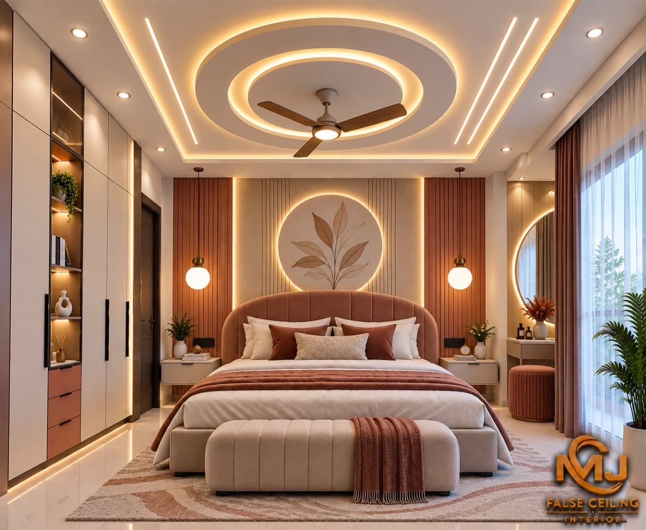 Living room with a stepped coffered false ceiling and concealed cove lighting