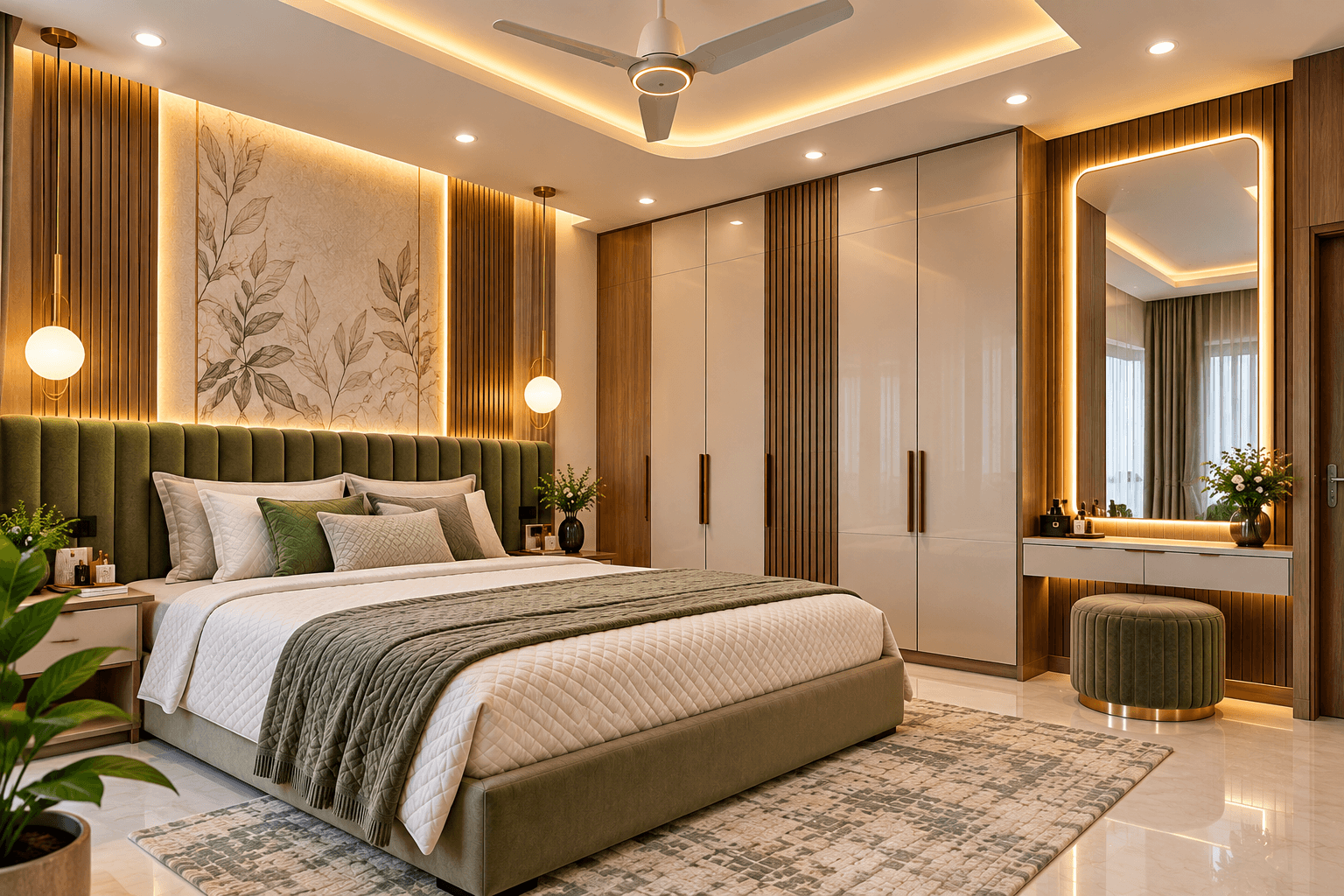 Full-height timber storage wall with open shelving and closed cabinetry